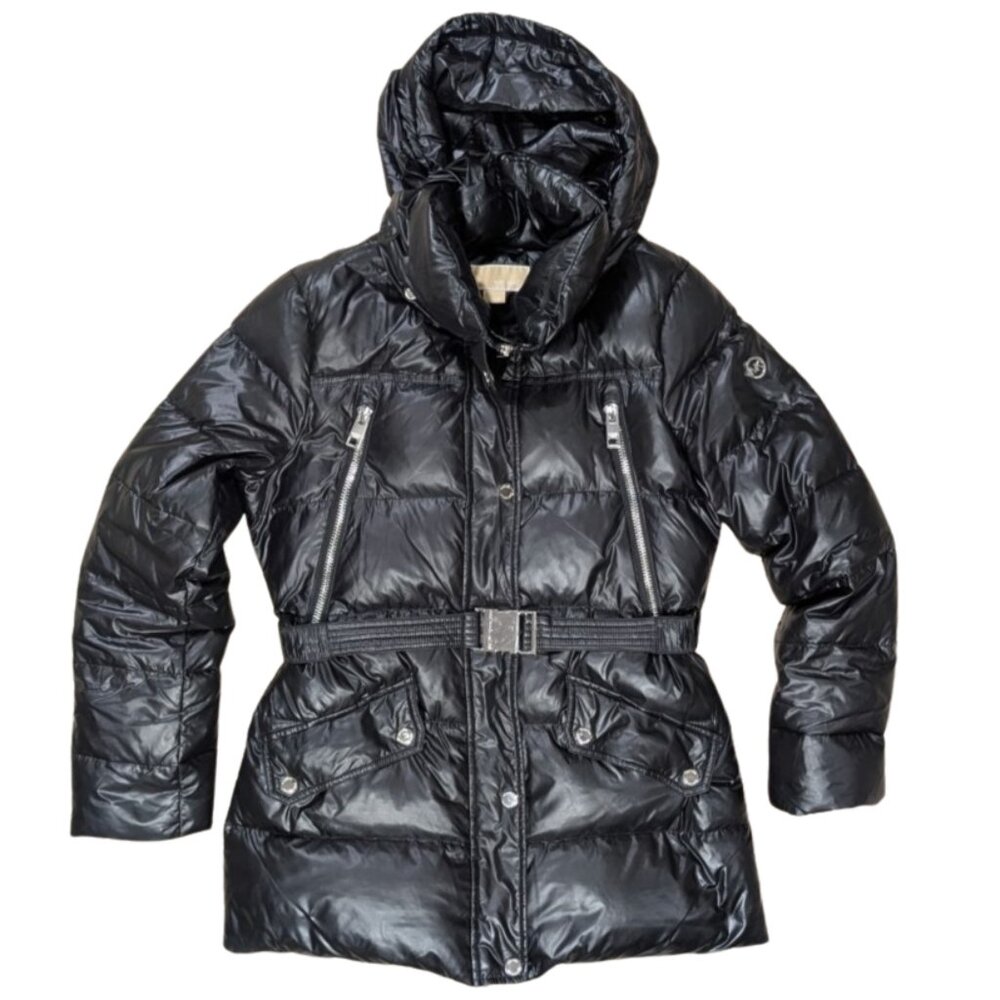 Michael Kors Black Down Belted Puffer Coat Women's Size Medium Stowable Hood